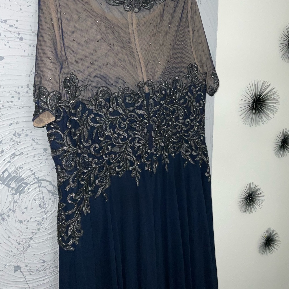 Xscape Navy and Gold Long Sleeve Dress